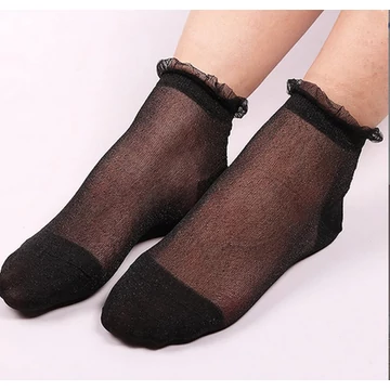 Női csillogó fekete  nyári nejlon bokazokni