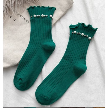 Női fodros gyöngyös díszítésű zöld pamut zokni