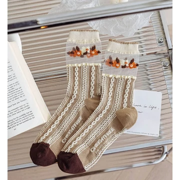 Női Vintage virágmintás nejlon hálós barna selyem zokni