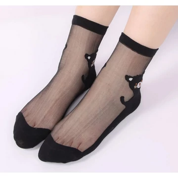 Női macis ultra vékony átlátszó fekete nejlon zokni