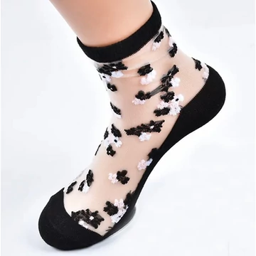 Női virág mintás fekete selyem zokni