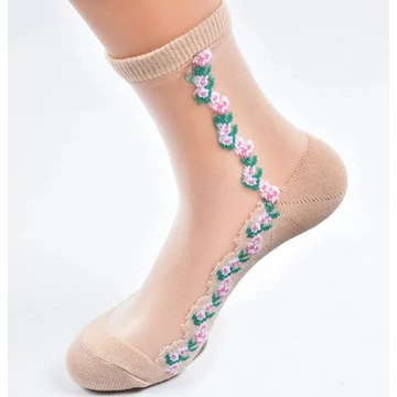 Női virág mintás testszínű selyem zokni 