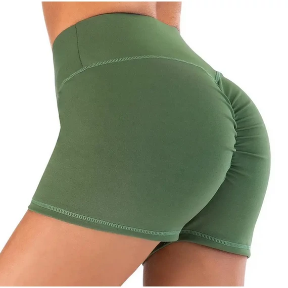 Női magas derekú, zöld színű jóga rövidnadrág, Scrunch fenékemeléssel