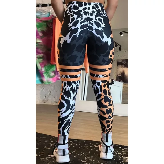 Női magas derekú, leopárd mintás fekete-fehér-rózsaszín fitness jóga leggings
