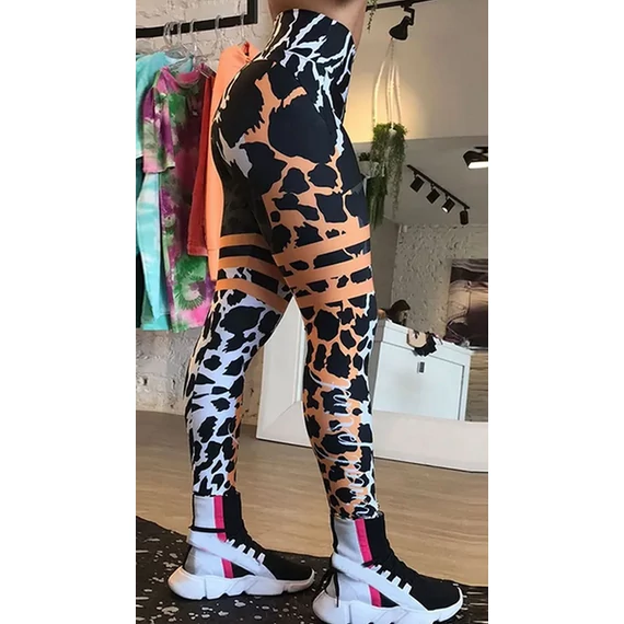 Női magas derekú, leopárd mintás fekete-fehér-rózsaszín fitness jóga leggings