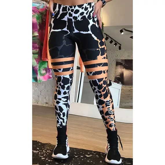 Női magas derekú, leopárd mintás fekete-fehér-rózsaszín fitness jóga leggings