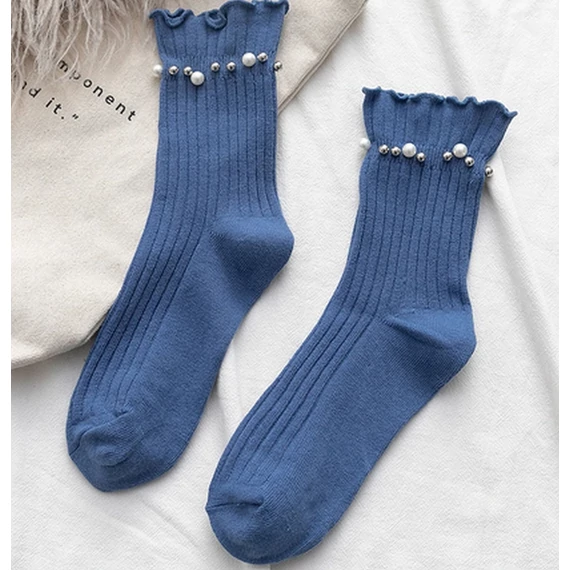 Női fodros gyöngyös díszítésű kék pamut zokni