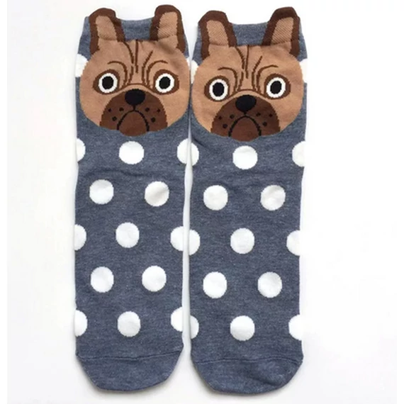Női koreai francia bulldog állatmintás szürkéskék zokni