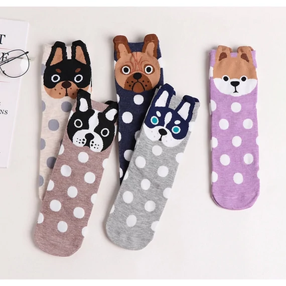 Női koreai francia bulldog állatmintás sötét lila zokni 