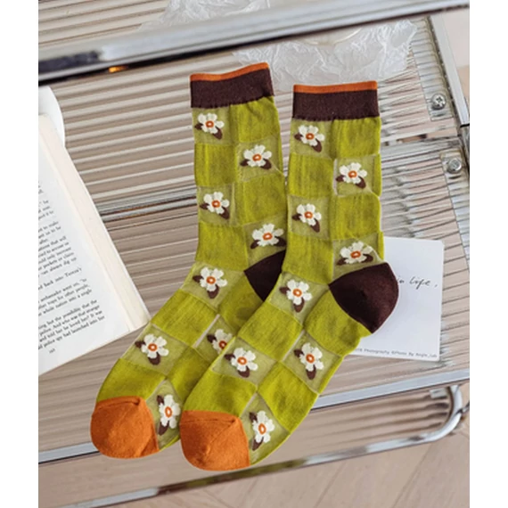 Női Vintage virágmintás nejlon hálós zöld selyem zokni