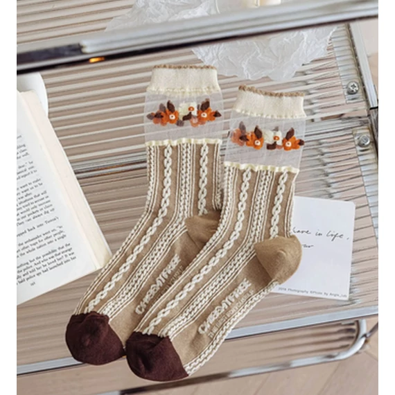  Női Vintage virágmintás nejlon hálós barna selyem zokni