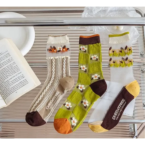  Női Vintage virágmintás nejlon hálós barna selyem zokni