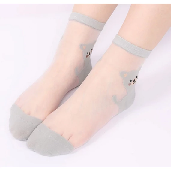  Női macis ultra vékony átlátszó világos szürke nejlon zokni