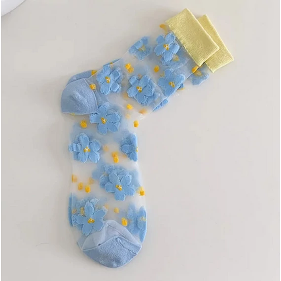 Női virágmintás nejlon hálós világoskék zokni