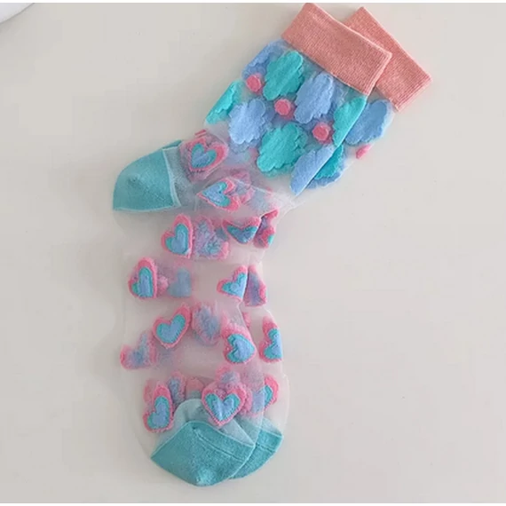 Női szivecskés nejlon hálós világos kék zokni