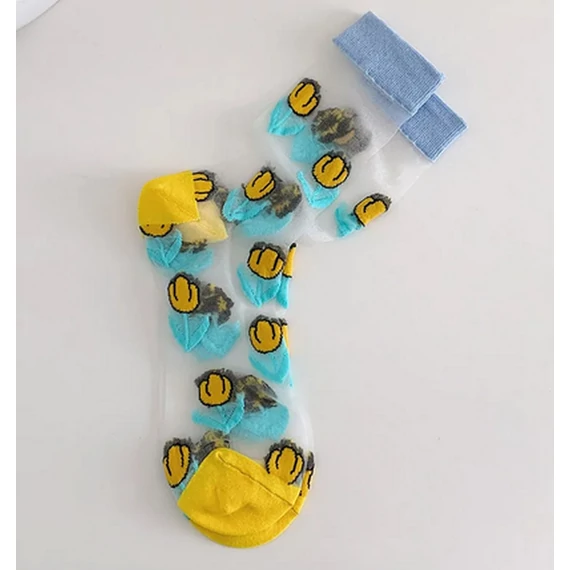 Női virágmintás nejlon hálós sárga-kék zokni