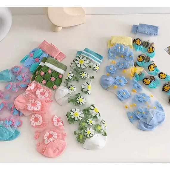  Női virágmintás nejlon hálós világoskék zokni 