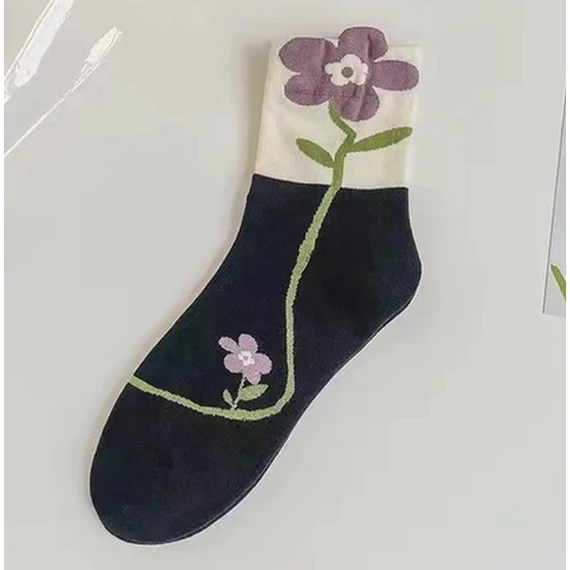 Női tulipán virágos fekete zokni