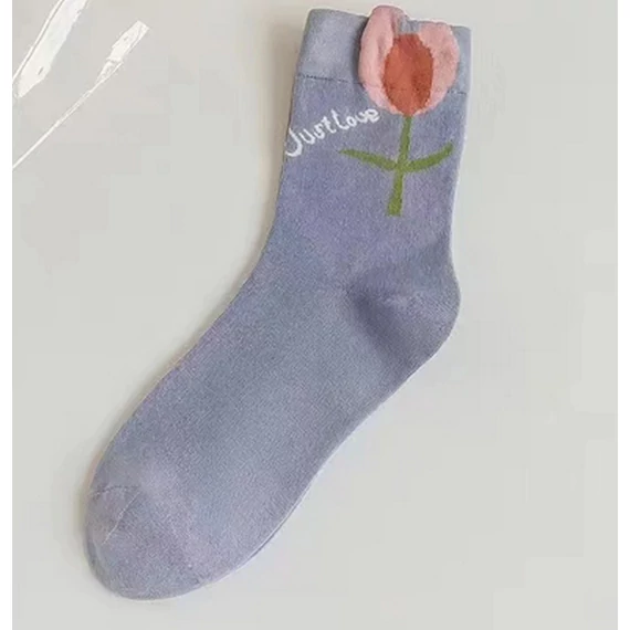  Női tulipán virágos világos kék zokni