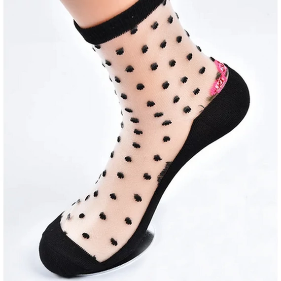 Női virág mintás fekete pöttyös selyem zokni