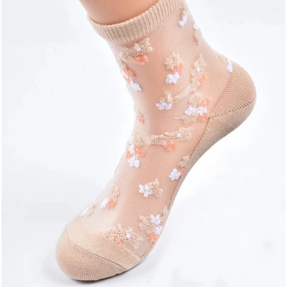 Női virág mintás testszínű selyem zokni