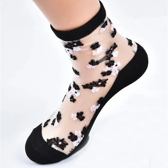 Női virág mintás fekete selyem zokni