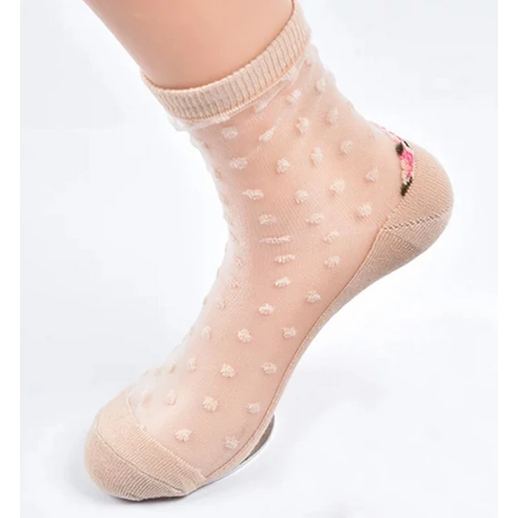 Női virág mintás testszínű pöttyös selyem zokni
